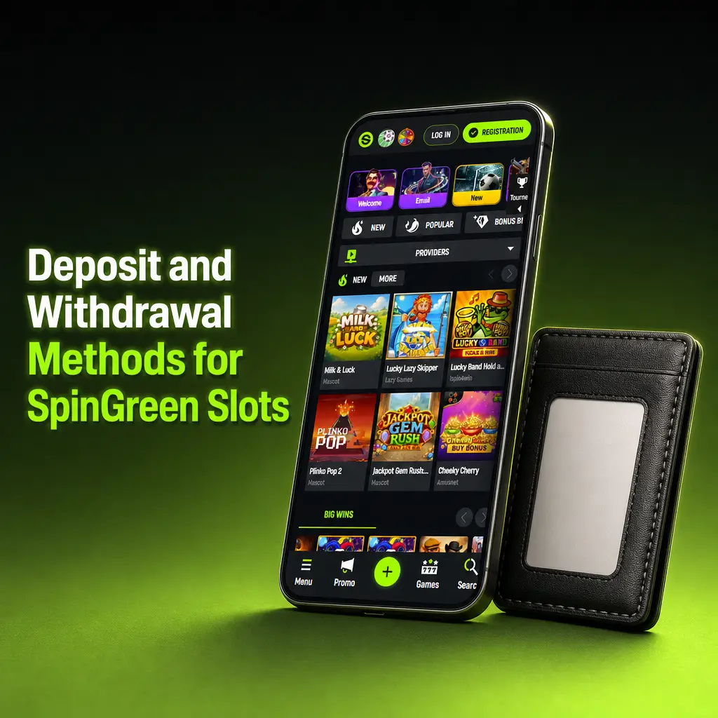 Deposit and withdrawal methods for SpinGreen slots including Visa, Mastercard, Neteller, Skrill, PayID, POLi, and Bitcoin