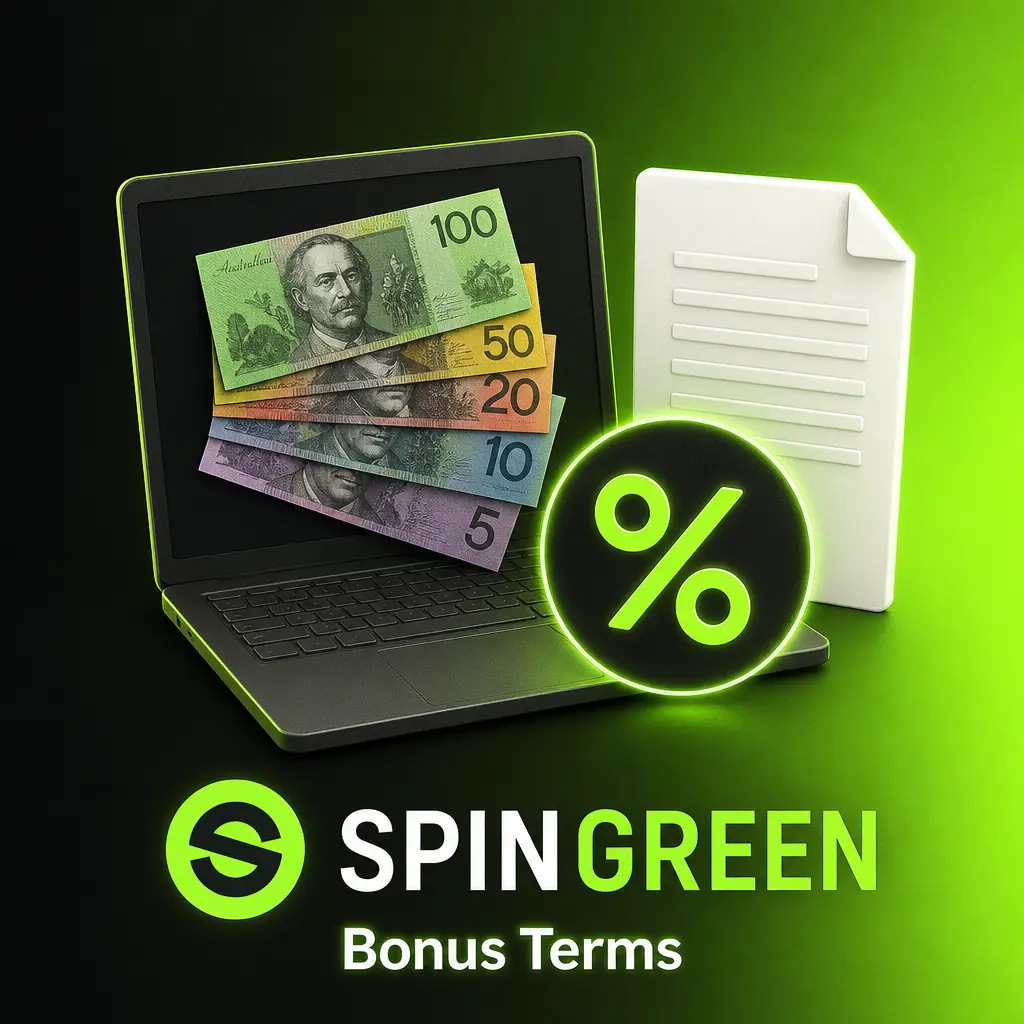 SpinGreen bonus terms outlining eligibility, deposit minimums, wagering requirements, and free spin withdrawal limits for Australian players.