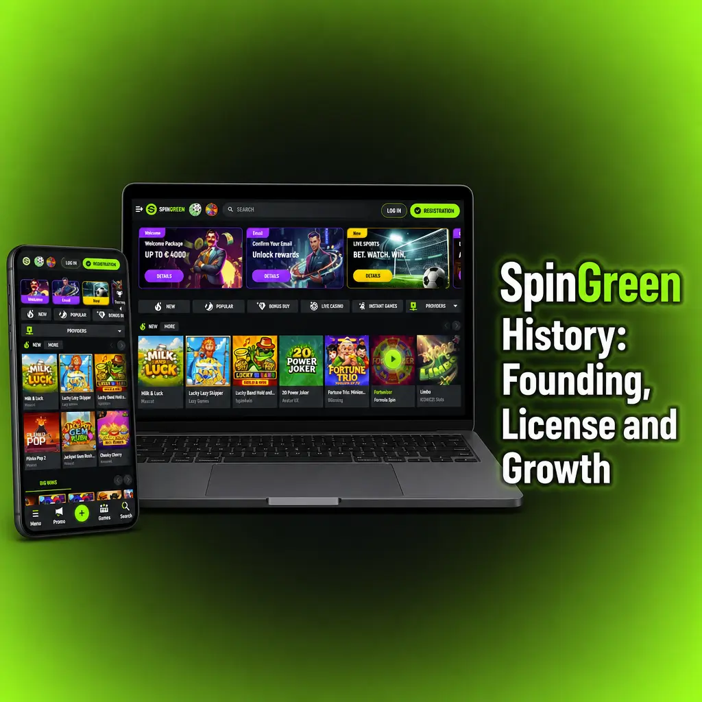 SpinGreen history timeline showing its 2021 founding, Curacao gaming license, Nicosia headquarters and growth under CEO Alexander Novak.