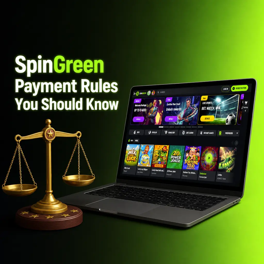 SpinGreen payment rules covering KYC verification, withdrawal methods, transaction limits, processing times, and bonus wagering requirements.
