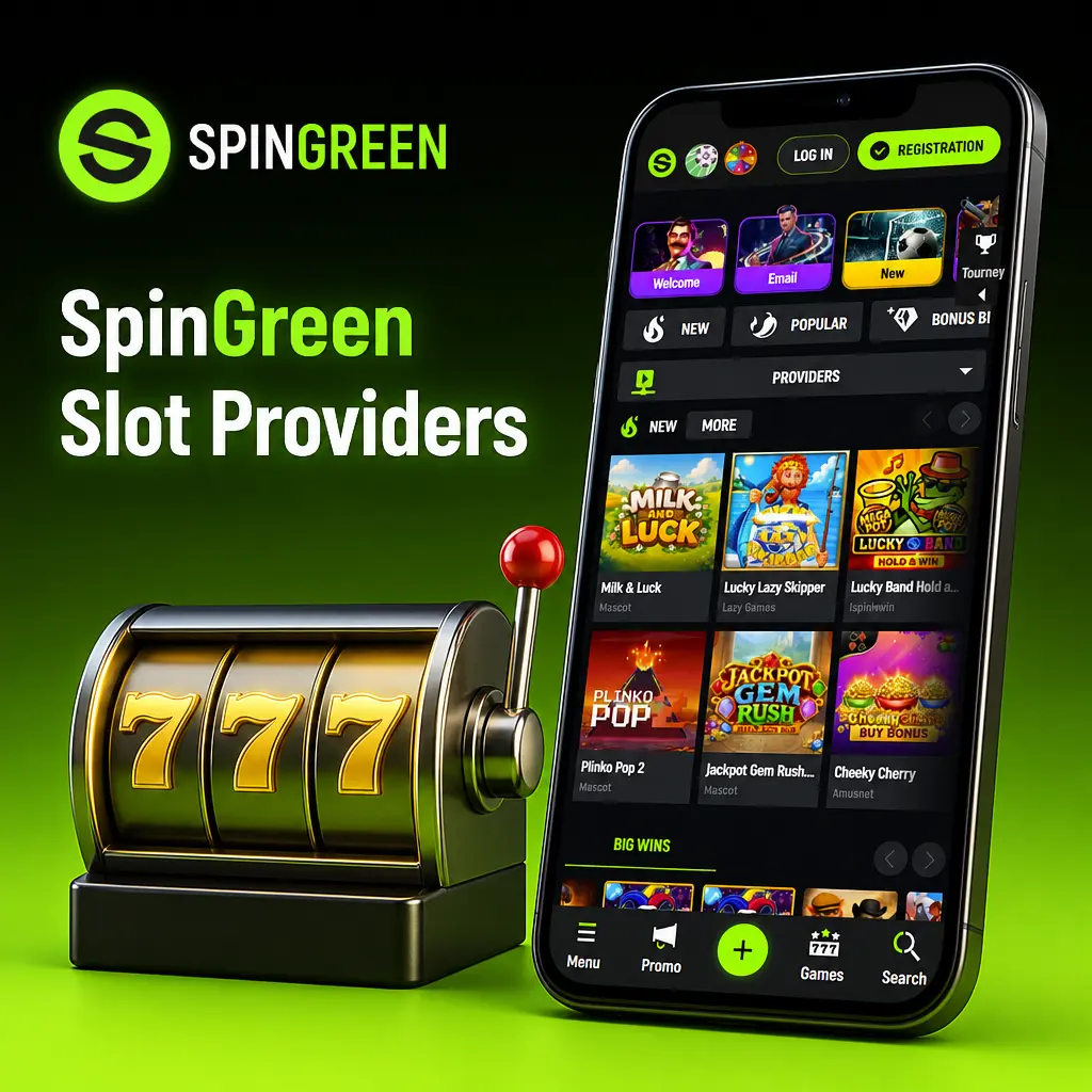 SpinGreen slot providers list showing Pragmatic Play, NetEnt, Microgaming, Play'n GO, Red Tiger, Quickspin and more studio logos.